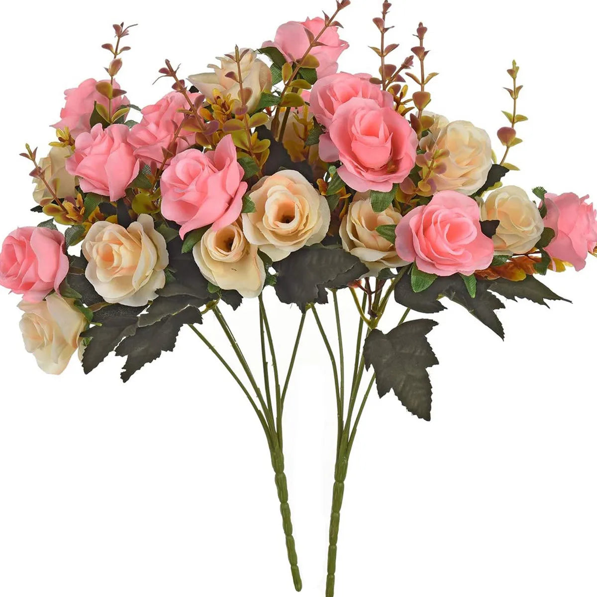 A bouquet of realistic silk rose flowers in shades of pink, peach, and cream with green leaves.