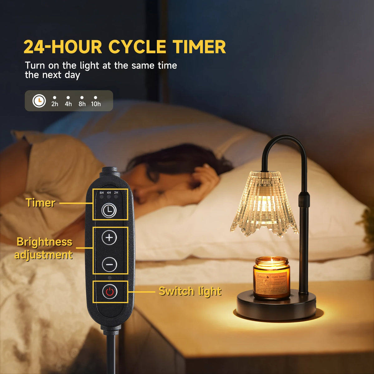 A black cycle timer device is shown next to a dimmable candle warmer lamp with a glass shade on a bedside table.