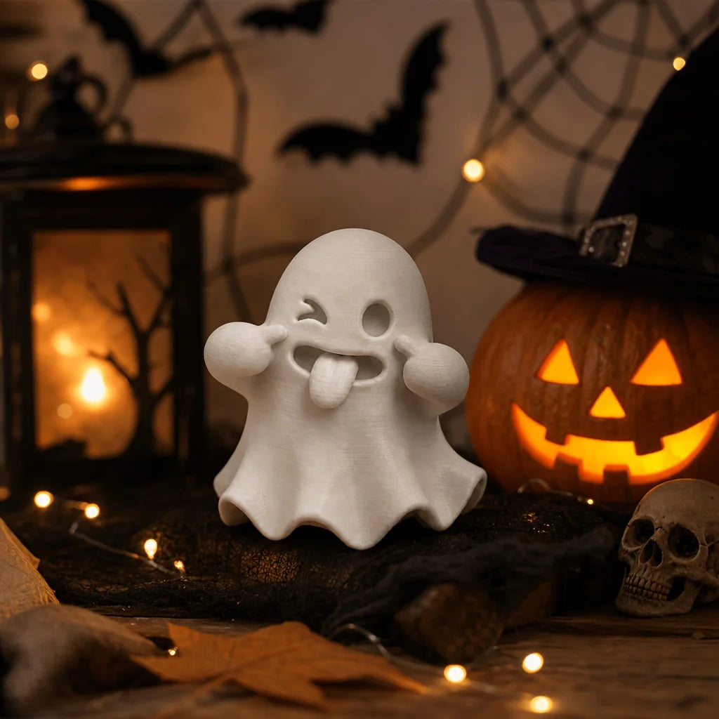 Two white kawaii ghost statues are displayed on a dark surface with glowing lights and a carved pumpkin in the background.
