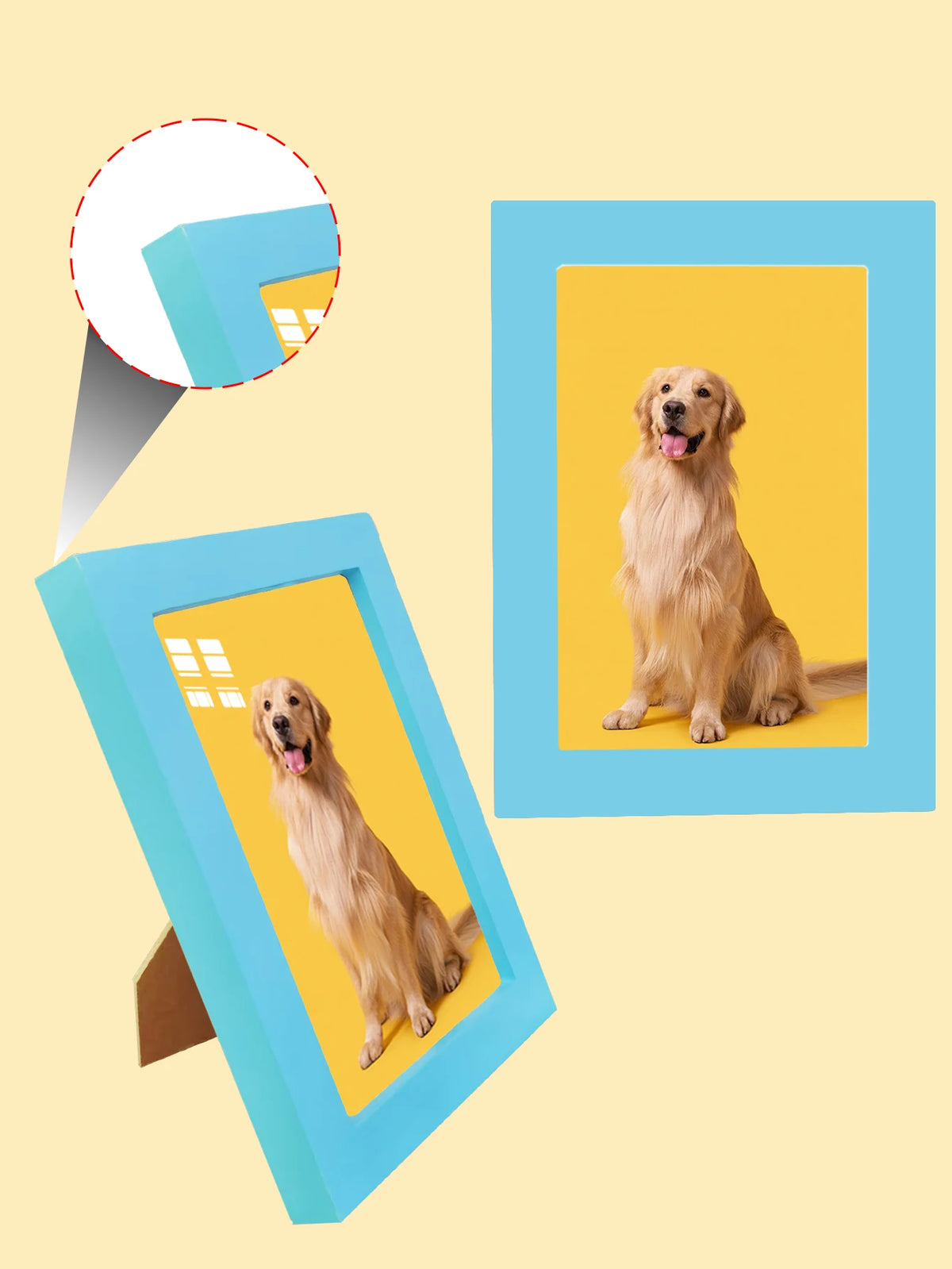 A personalized custom photo frame displaying a golden retriever dog, shown in various views and mockups.
