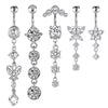 A set of five gold tone butterfly and flower belly rings displayed against a white background.