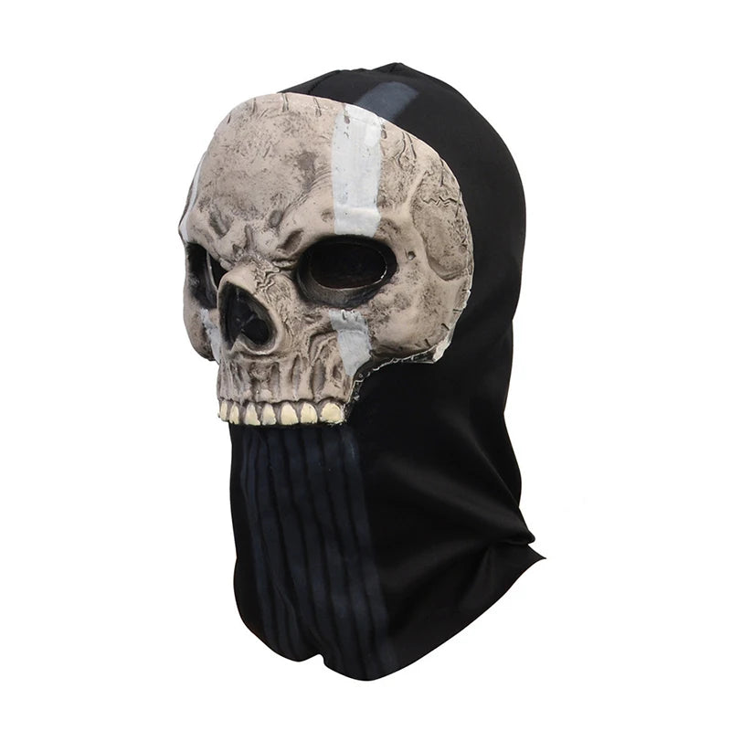Realistic horror ghost skull latex mask with a white stripe on a black fabric background