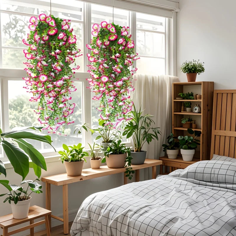 Artificial morning glory hanging vines displayed in a bright room near a window.