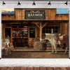 A rustic saloon scene featuring a wooden barn door, antique furniture, and a white horse.