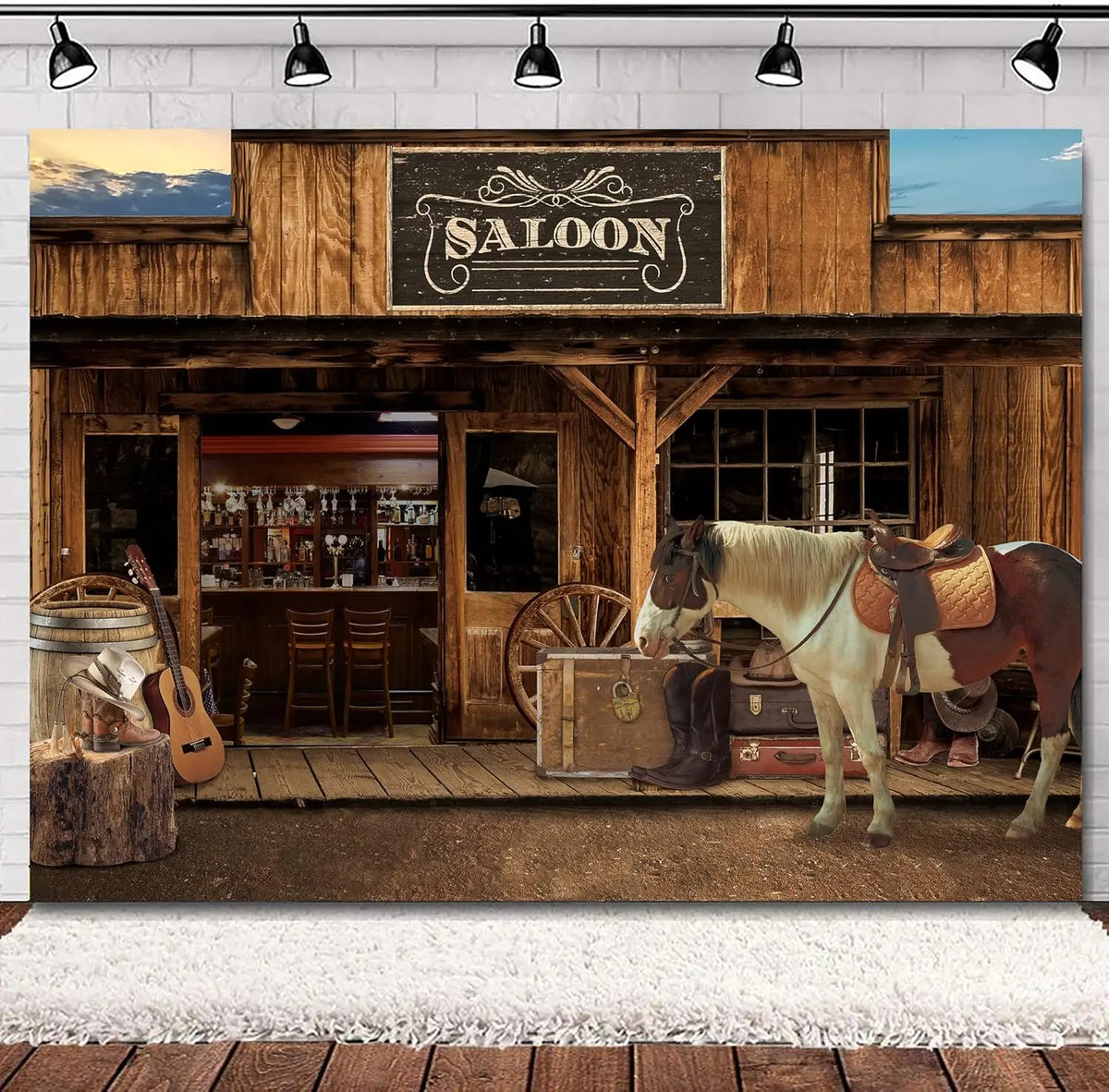A rustic saloon scene featuring a wooden barn door, antique furniture, and a white horse.