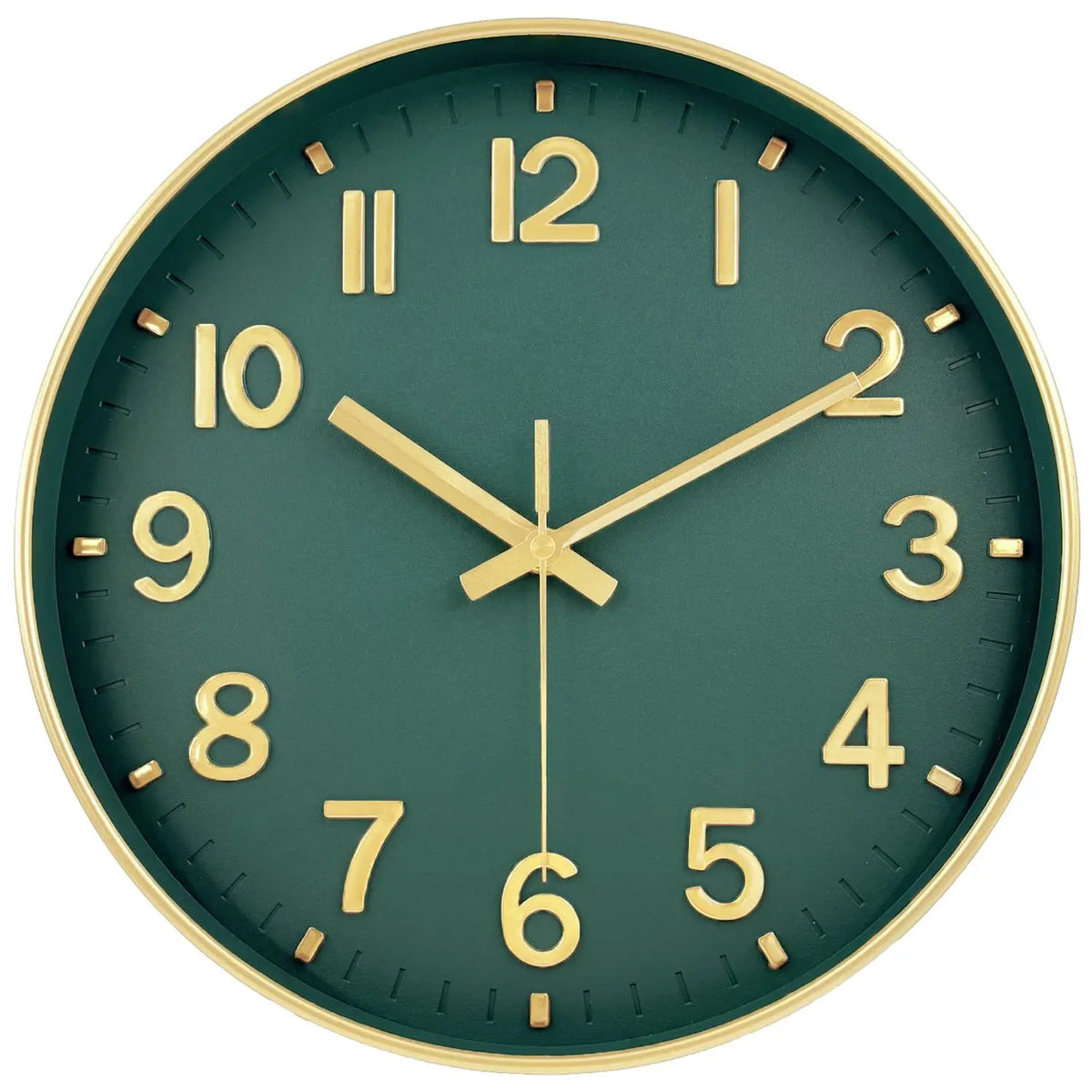 A round, dark green wall clock with gold accents and a modern 3D cubic design.
