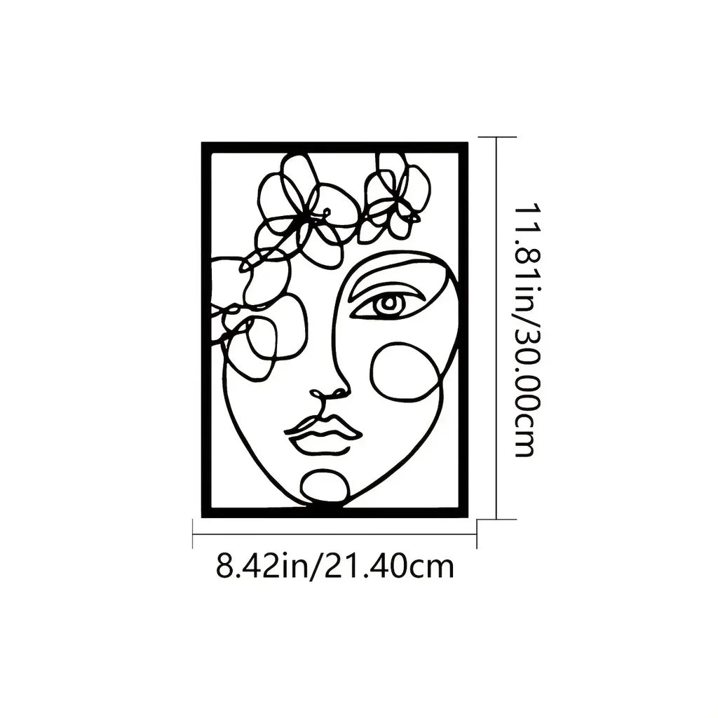 Black line art silhouette of a woman's face with floral elements on a rectangular metal wall art print.