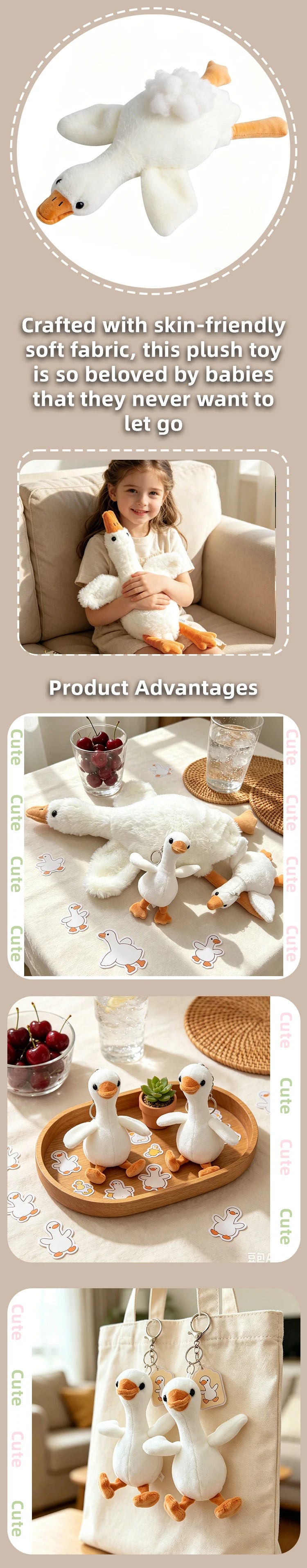 Adorable white duck plush toy used as a keychain pendant for bags and backpacks