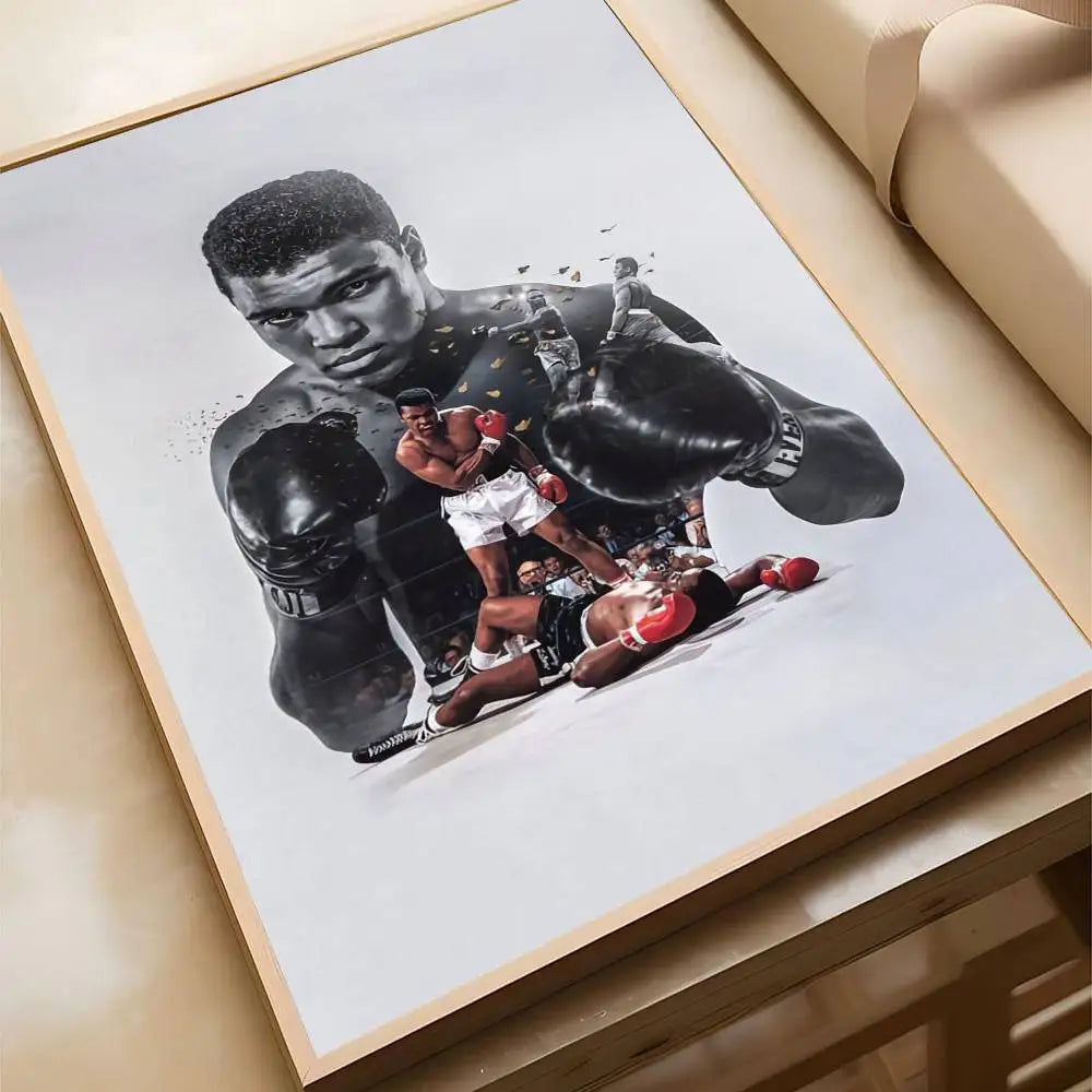 A black and white poster featuring a muscular boxer in action, displayed in a frame.