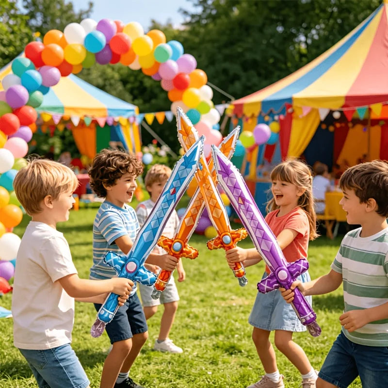 Children playing outdoors with inflatable pirate swords and balloons at a party