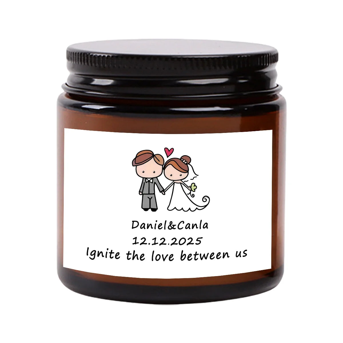 A dark glass jar with a black lid containing a label featuring a couple and the date 12.12.2025.