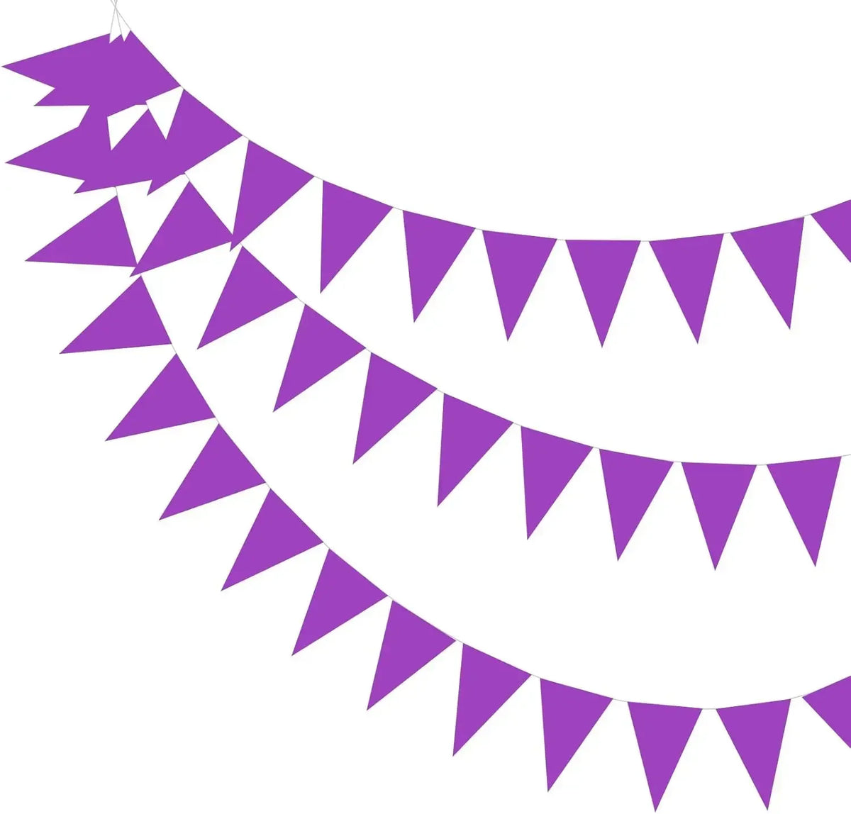Purple triangle bunting flags forming a curved garland for parties and events