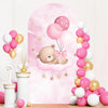 Pink and white balloons and a cute teddy bear on a cloud backdrop for baby shower decor
