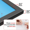 A black picture frame with a blue plexiglass display showing its width and depth.