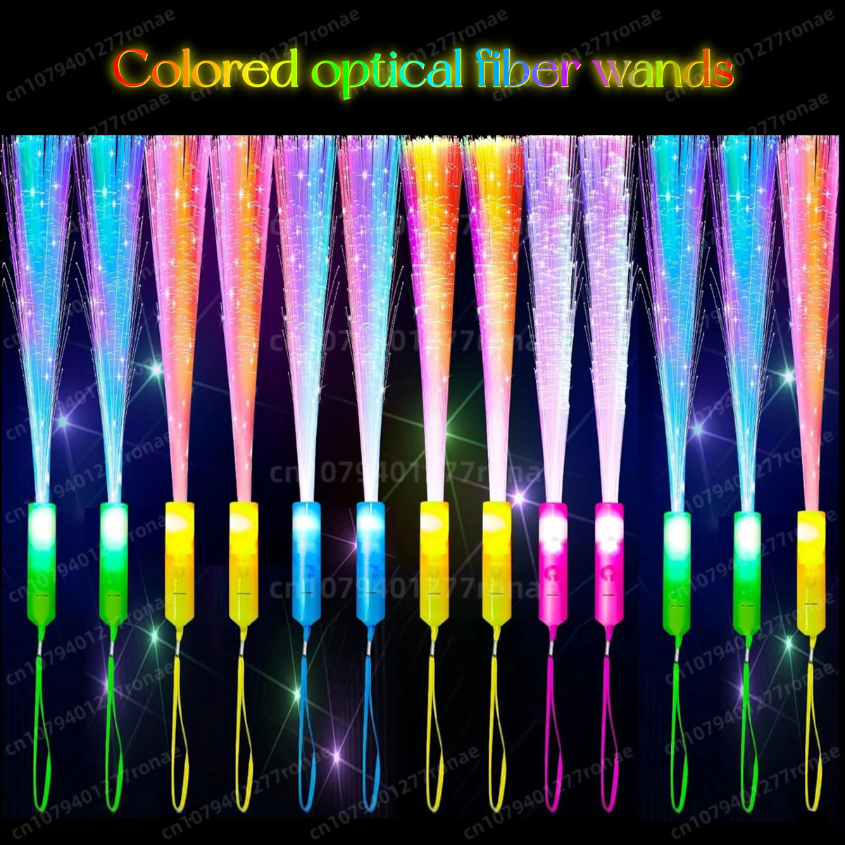 A row of colored optical fiber wands with LED lights displayed against a dark background.