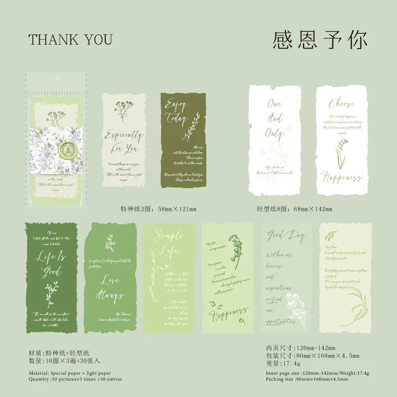 A set of vintage old English manuscript decor paper featuring various nature and inspirational designs in shades of green and