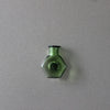 A small, green glass bottle-shaped fridge magnet against a gray background.