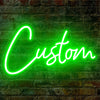 A bright green neon sign spelling the word Custom is mounted on a textured brick wall.