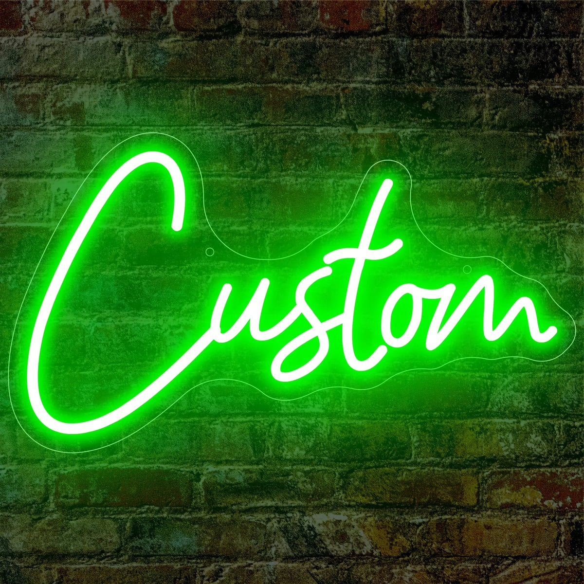 A bright green neon sign spelling the word Custom is mounted on a textured brick wall.