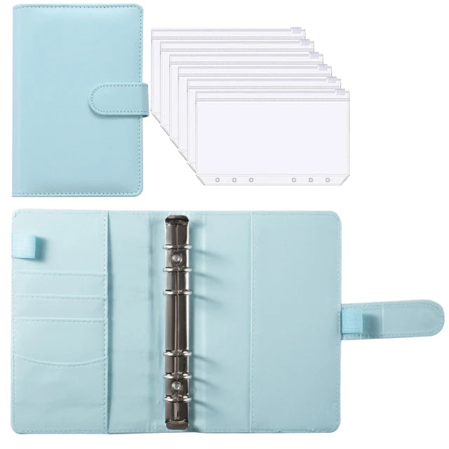 Light blue PU leather budget planner binder with cash envelopes and expense sheets