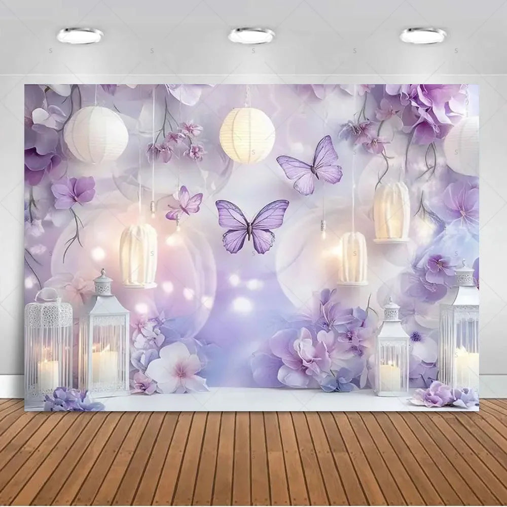 A dreamy purple photo backdrop featuring soft lighting, large butterflies, and purple floral elements for events.