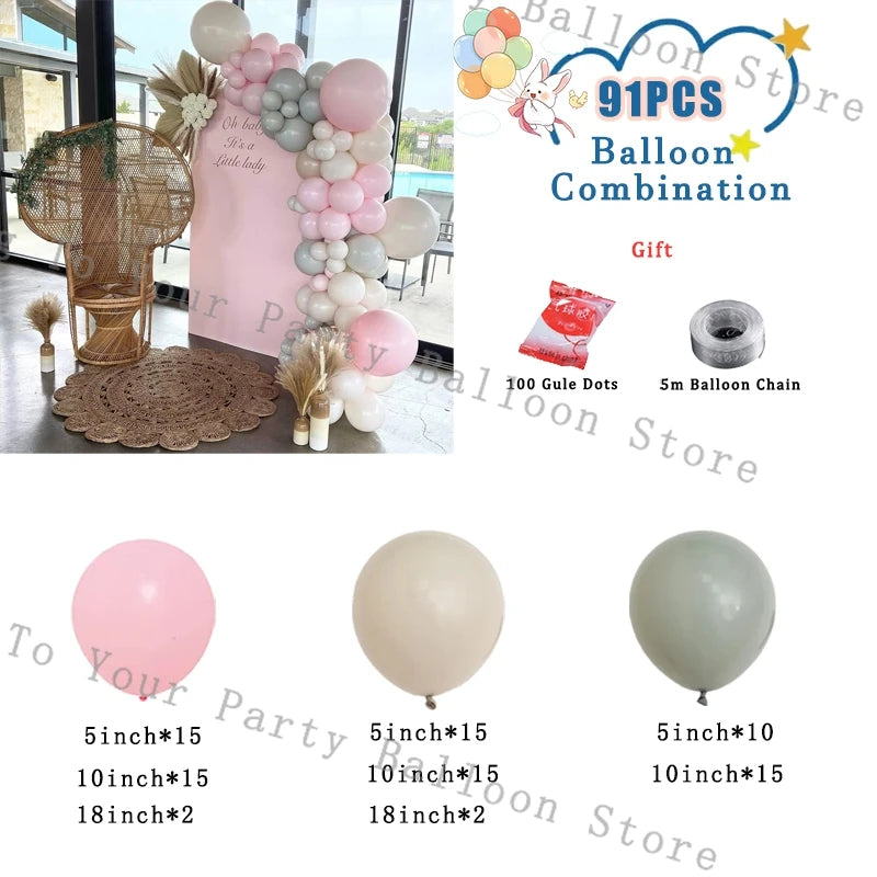 A kit of pastel pink and white balloons, including various sizes and a balloon chain.