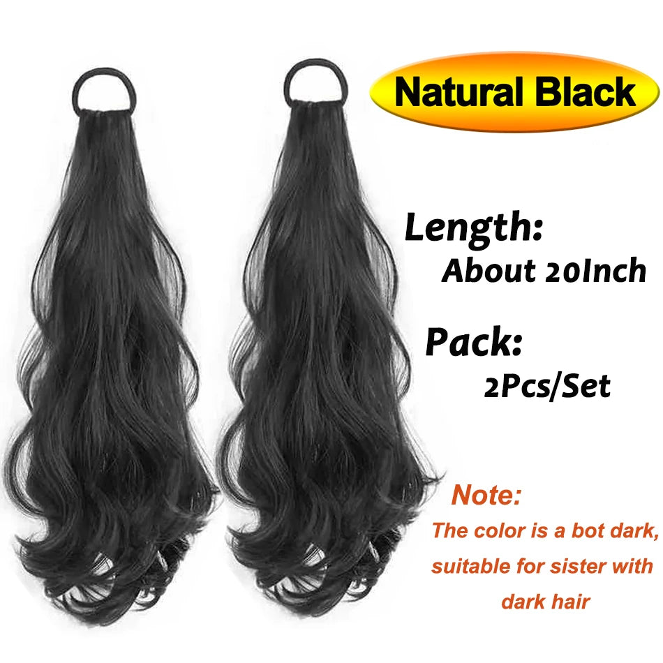 A pair of natural black heat resistant synthetic ponytail extensions shown against a white background.