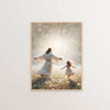A painting depicting a figure in white robes standing against a bright, radiant light with a small child nearby.