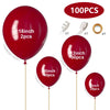 A collection of red latex balloons in various sizes, including 18 inch, 12 inch, 10 inch, and 5 inch, along with accessories.