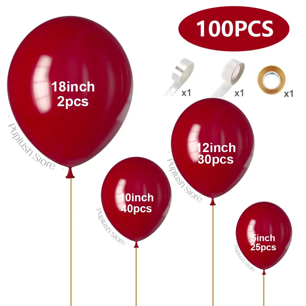 A collection of red latex balloons in various sizes, including 18 inch, 12 inch, 10 inch, and 5 inch, along with accessories.