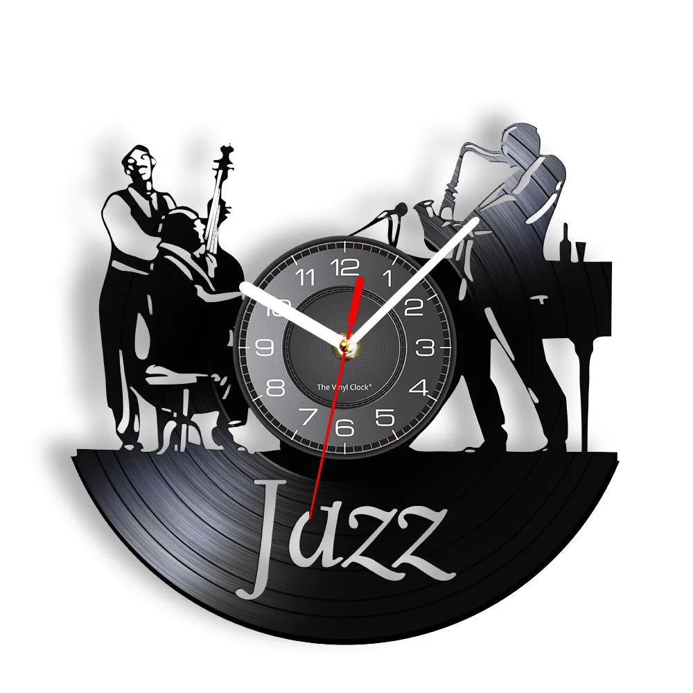 A black silhouette of a jazz musician playing a saxophone and piano on a vinyl record clock face.