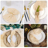 A set of ten handcrafted fringed cotton napkins in beige and natural tones displayed on various tableware.