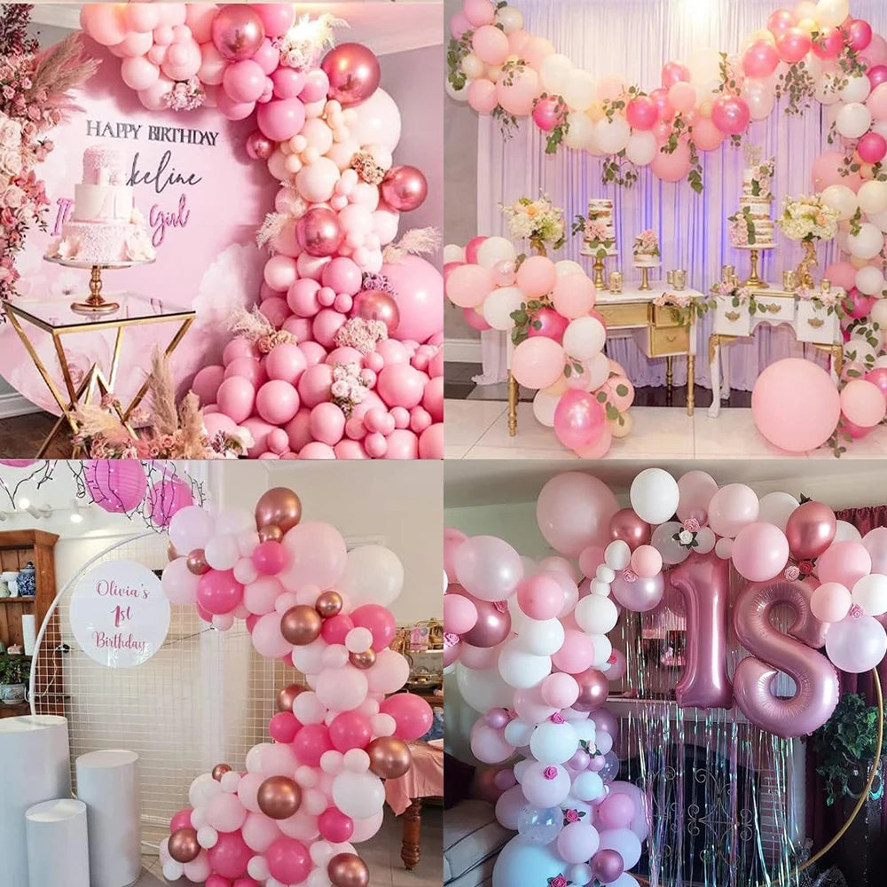 A collection of pastel pink and white latex balloons with metallic confetti accents arranged in decorative arches and cluster
