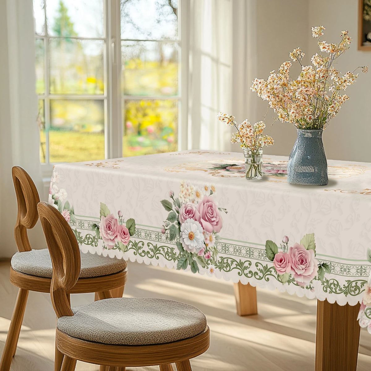 A vintage French floral tablecloth with beige rose and daisy print displayed on a wooden table.