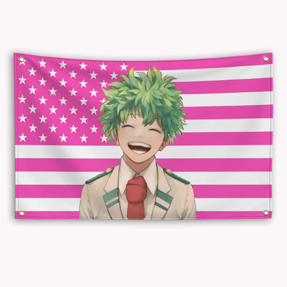 A banner featuring My Hero Academia Bakugou Katsuki in a military uniform against an American flag design.