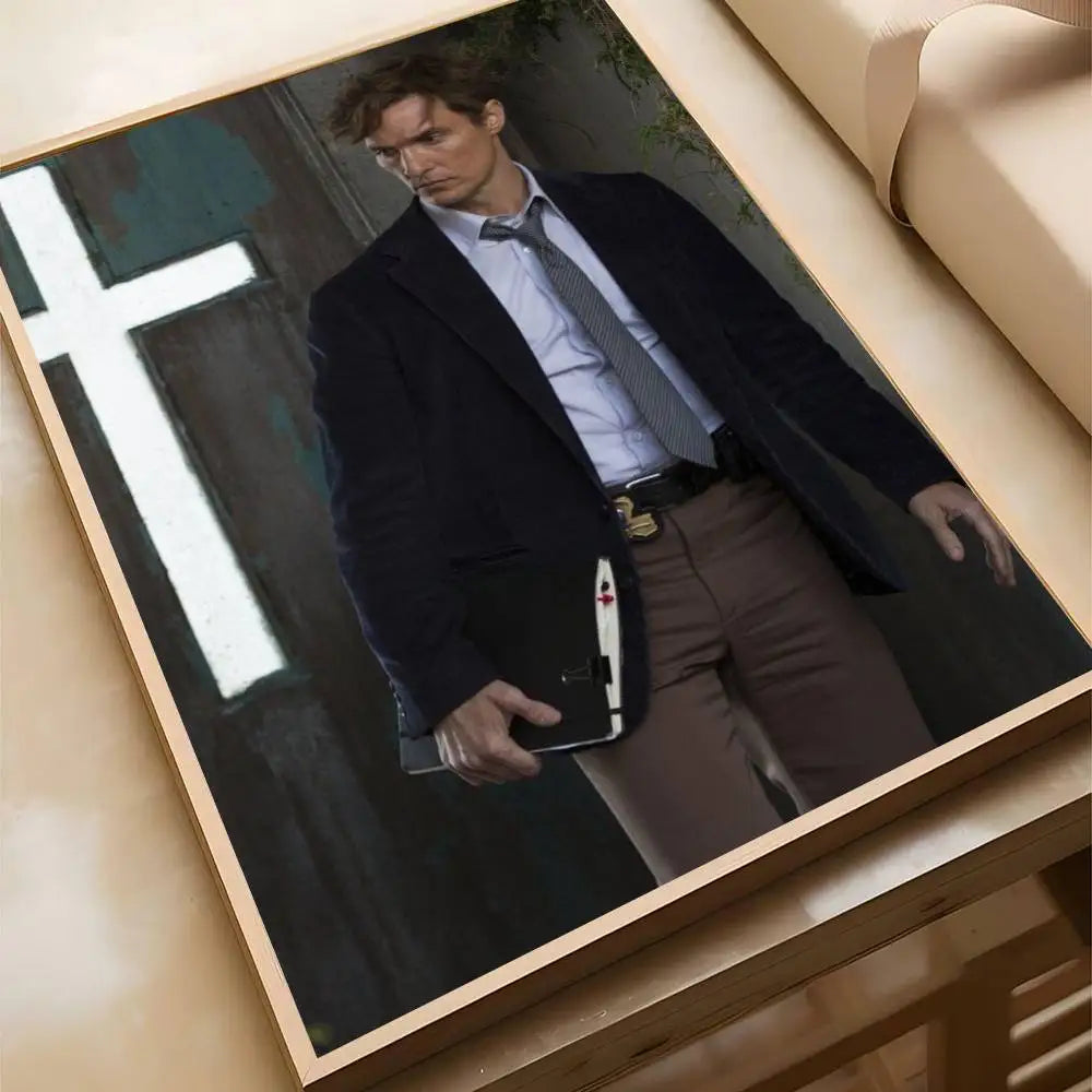 A movie poster featuring a man in a suit and tie against a dark background, framed for wall art.