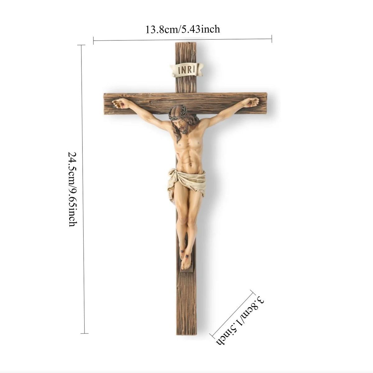A wooden cross with a resin figure of Jesus Christ crucified, used for home and office decor.