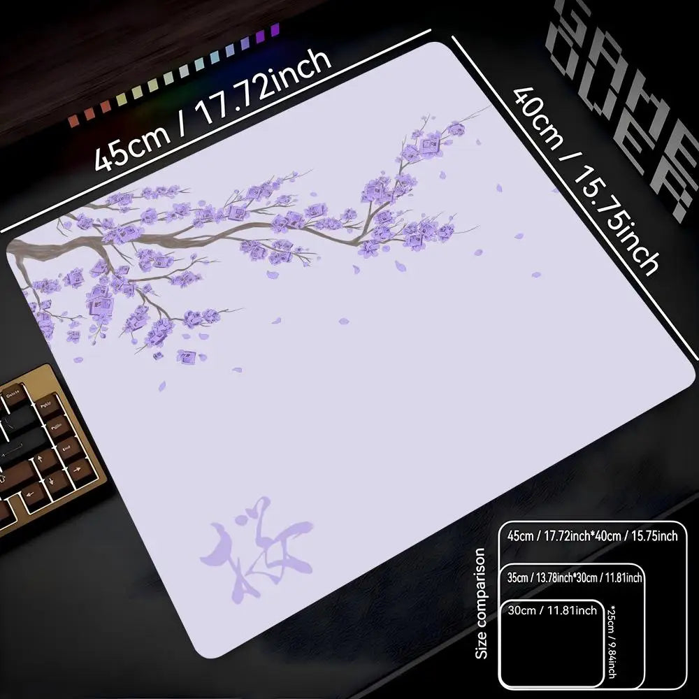 A purple cherry blossom themed non-slip gaming mouse pad with measurements displayed.
