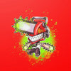 A vibrant illustration of a chainsaw character against a red background.