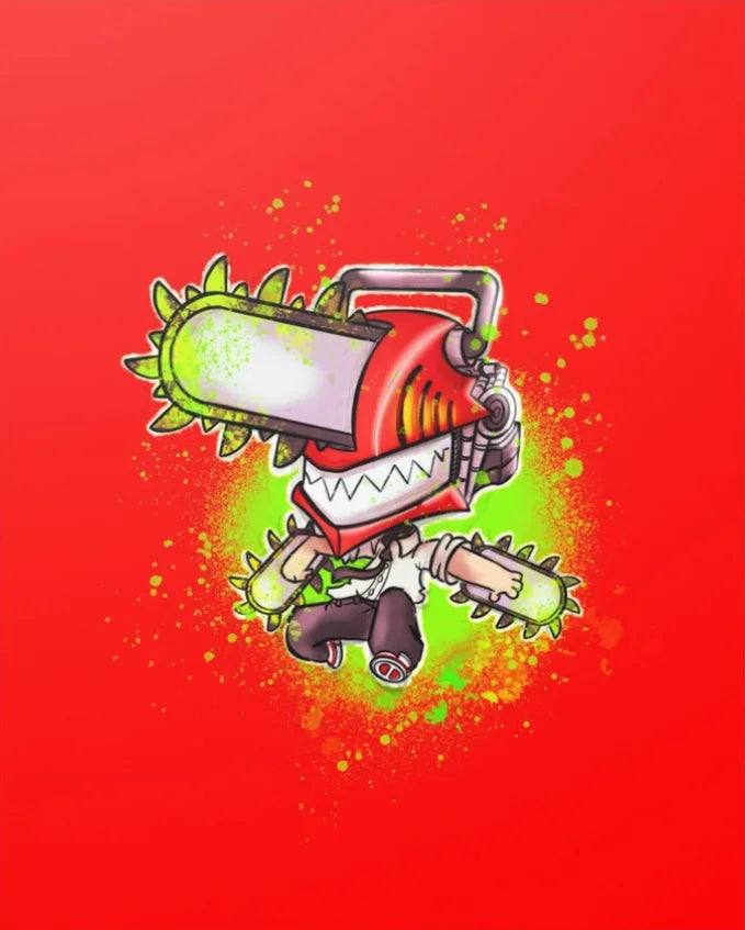 A vibrant illustration of a chainsaw character against a red background.