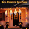 Warm glow hanging ghost Halloween decorations with three light modes displayed on a house facade.