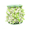 A green cylindrical container filled with white roses, pearl accents, and green leaf ribbon for floral arrangements.