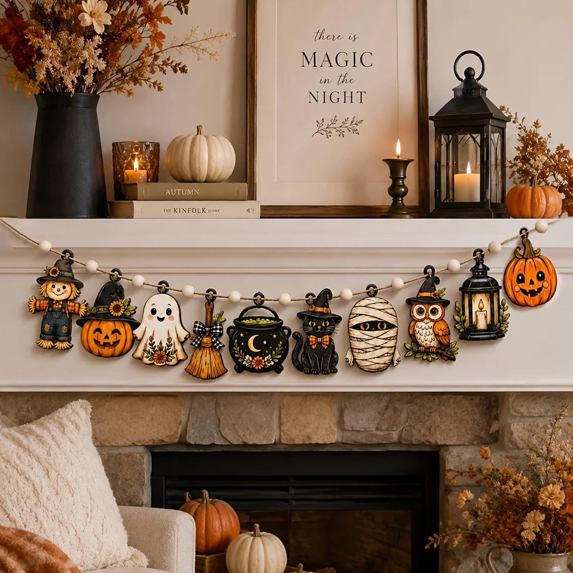 A vintage wooden Halloween flag set featuring pumpkins, ghosts, and moons displayed on a mantelpiece.