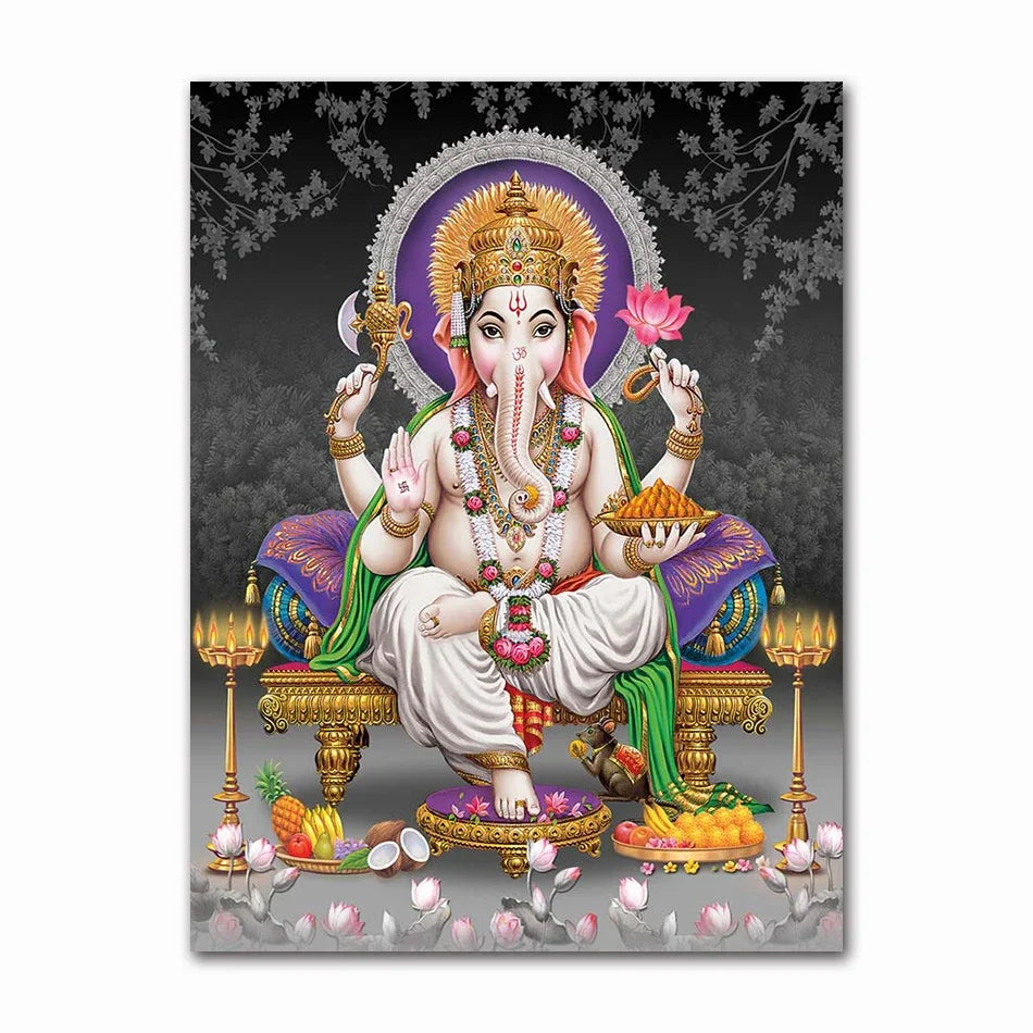A canvas art print depicting Lord Ganesha with Shiva and Parvati in a divine setting.