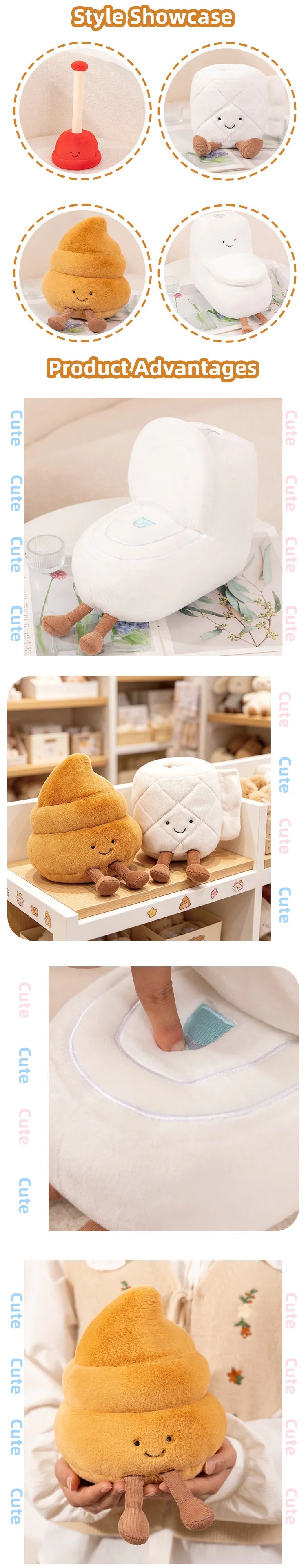 A collection of plush toys shaped like toilet paper, poop, and plunger, featuring soft textures in orange, white, and brown.