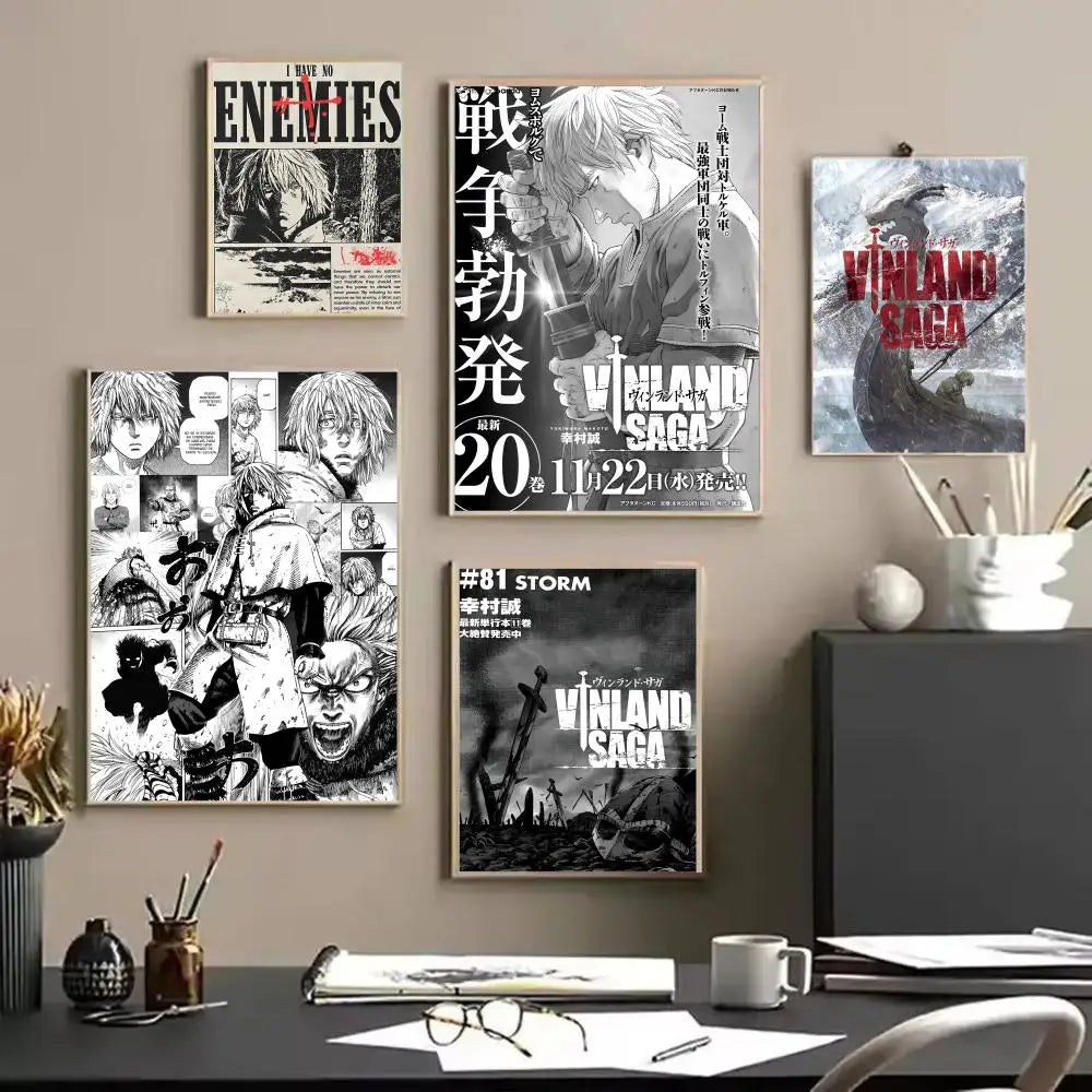 A collection of posters featuring artwork from the Vinland Saga anime and manga series.