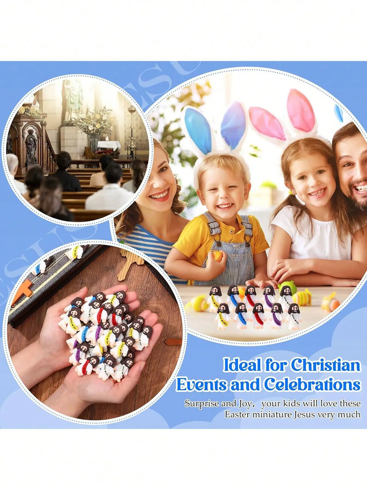 A hand holds a cluster of mini rubber Jesus figurines for Easter and religious gifting.