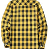 A yellow and black plaid button-up shirt with long sleeves.