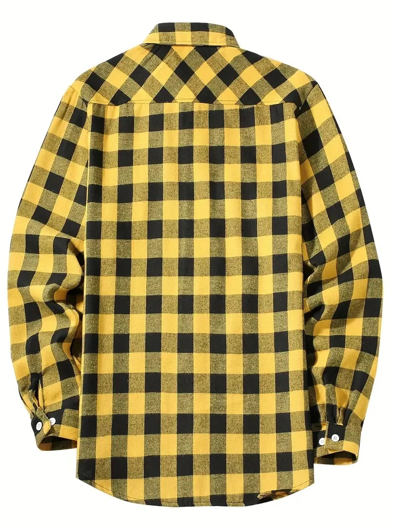A yellow and black plaid button-up shirt with long sleeves.