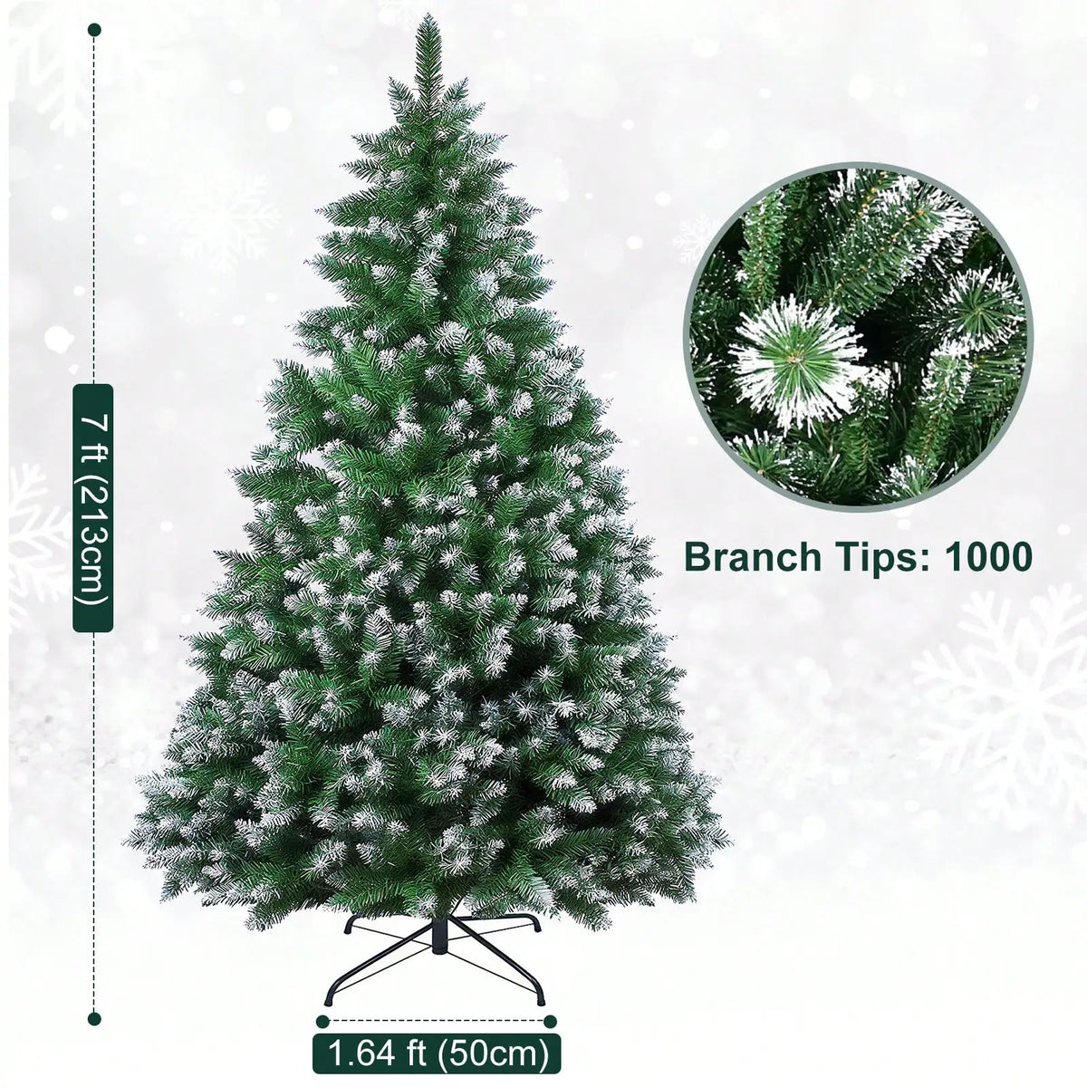 A 7ft realistic PVC artificial Christmas tree with green needles and white flocking, shown standing on a folding metal stand.